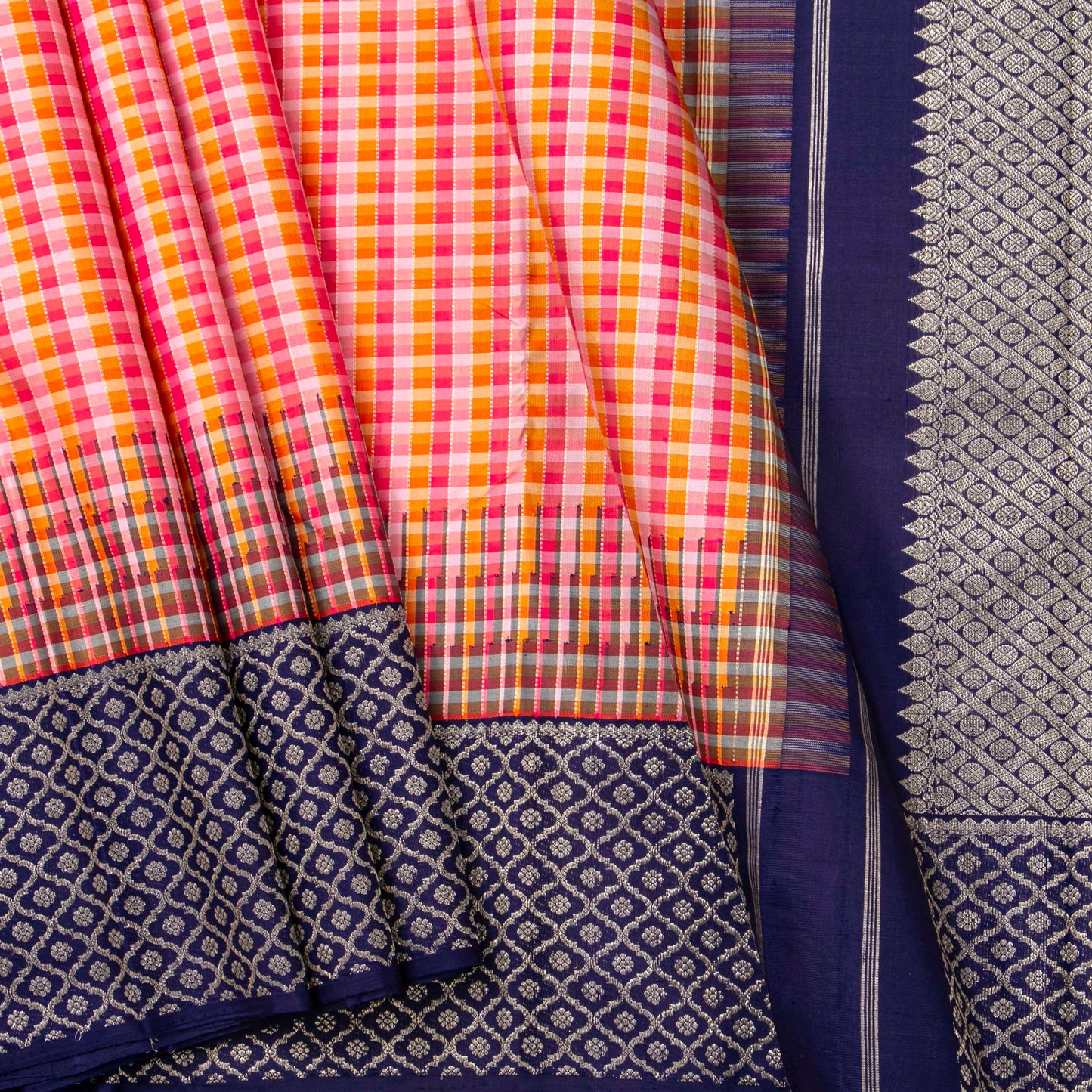 Multi Colour Checks Kanchipuram Silk Saree For Wedding Wear PV NYC 1880