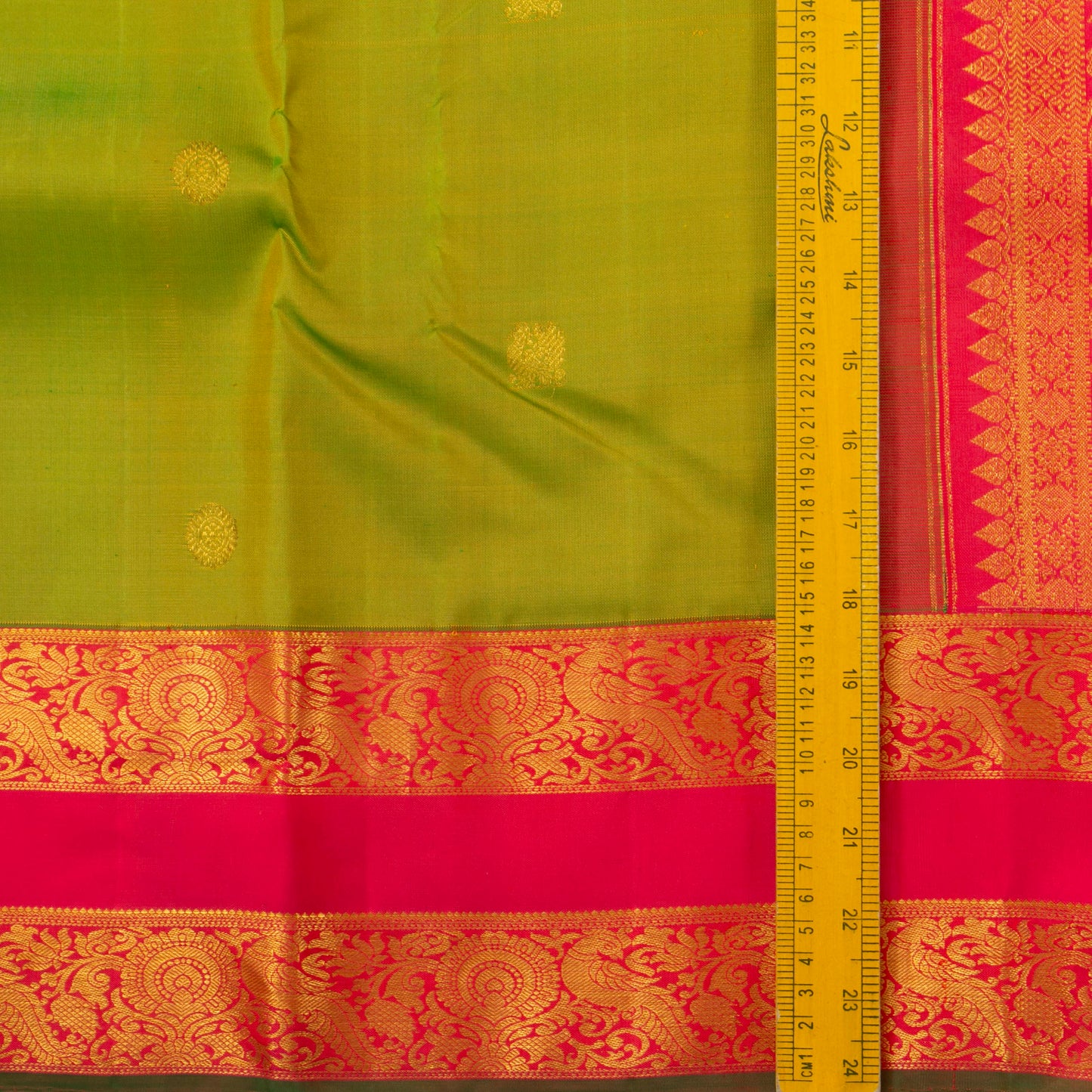 Green And Pink Kanchipuram Silk Saree With Medium Border Handwoven Pure Silk For Festive Wear PV J 143