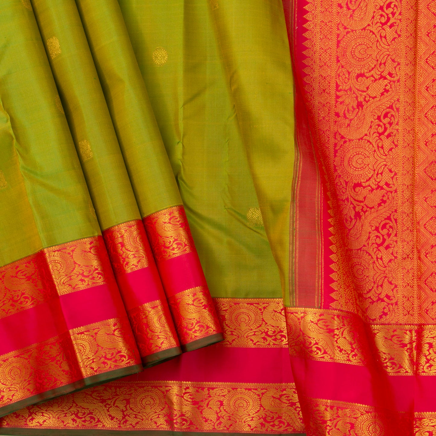 Green And Pink Kanchipuram Silk Saree With Medium Border Handwoven Pure Silk For Festive Wear PV J 143