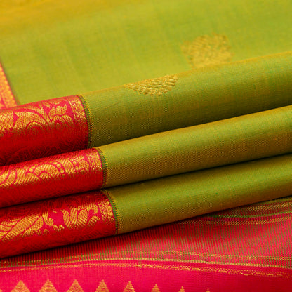 Green And Pink Kanchipuram Silk Saree With Medium Border Handwoven Pure Silk For Festive Wear PV J 143