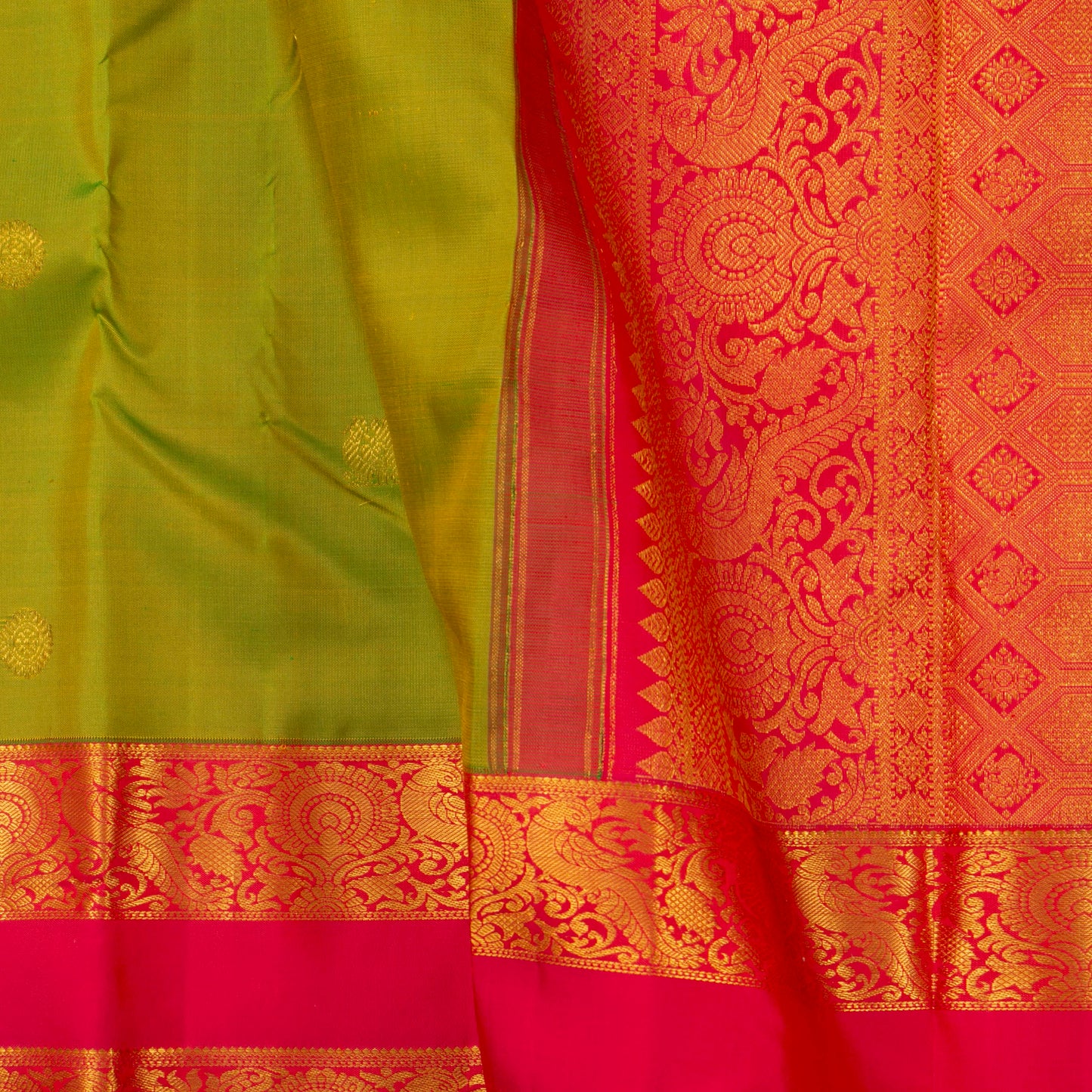 Green And Pink Kanchipuram Silk Saree With Medium Border Handwoven Pure Silk For Festive Wear PV J 143