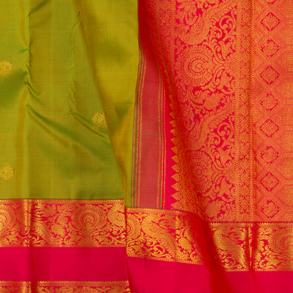 Green And Pink Kanchipuram Silk Saree With Medium Border Handwoven Pure Silk For Festive Wear PV J 143