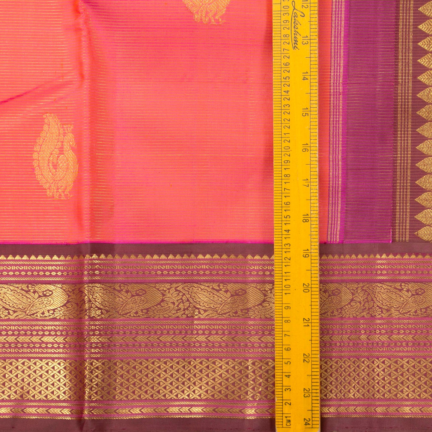 Peach And Brown Kanchipuram Vairaoosi Silk Saree With Medium Border Handwoven Pure Silk For Festive Wear PV J 4508