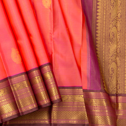 Peach And Brown Kanchipuram Vairaoosi Silk Saree With Medium Border Handwoven Pure Silk For Festive Wear PV J 4508