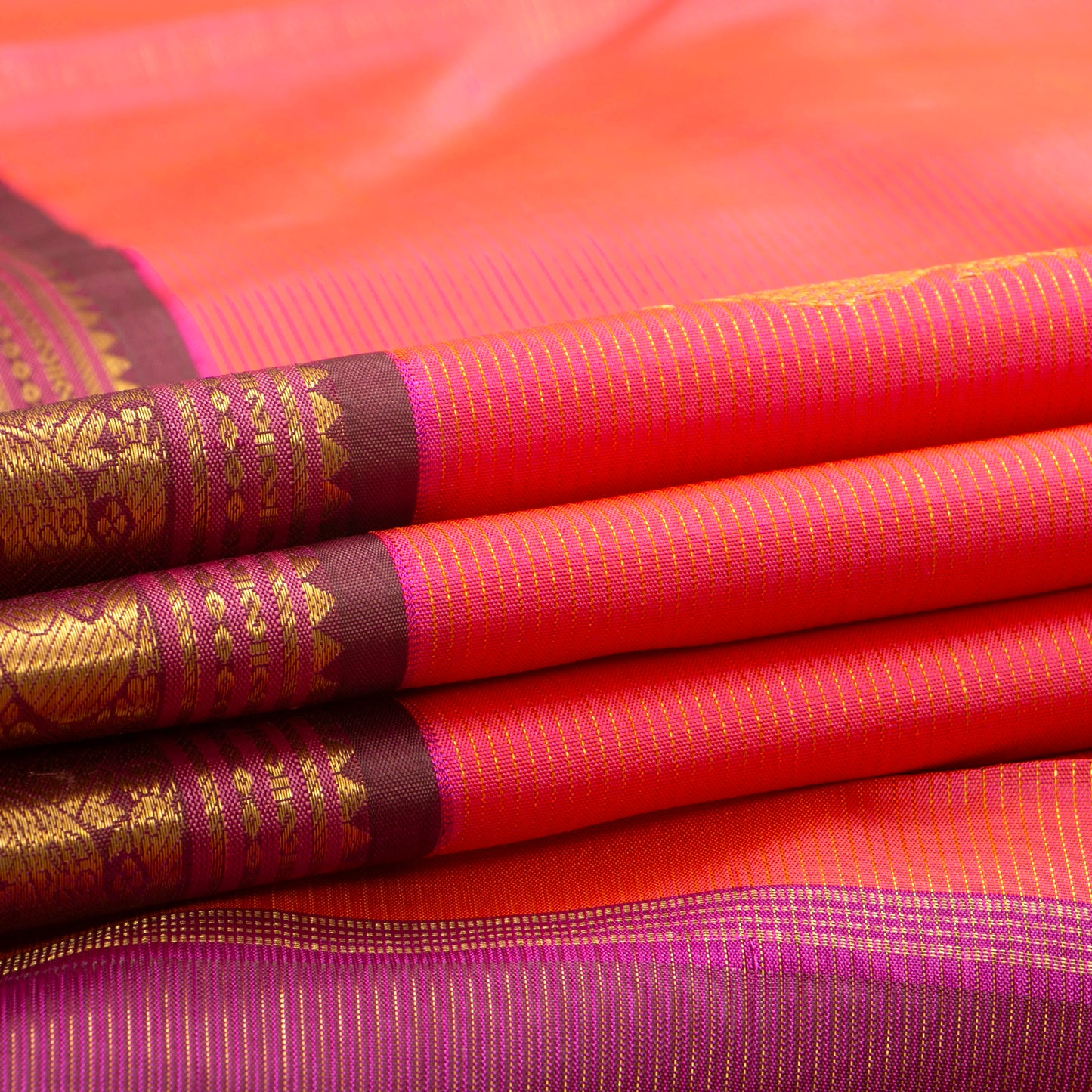 Peach And Brown Kanchipuram Vairaoosi Silk Saree With Medium Border Handwoven Pure Silk For Festive Wear PV J 4508