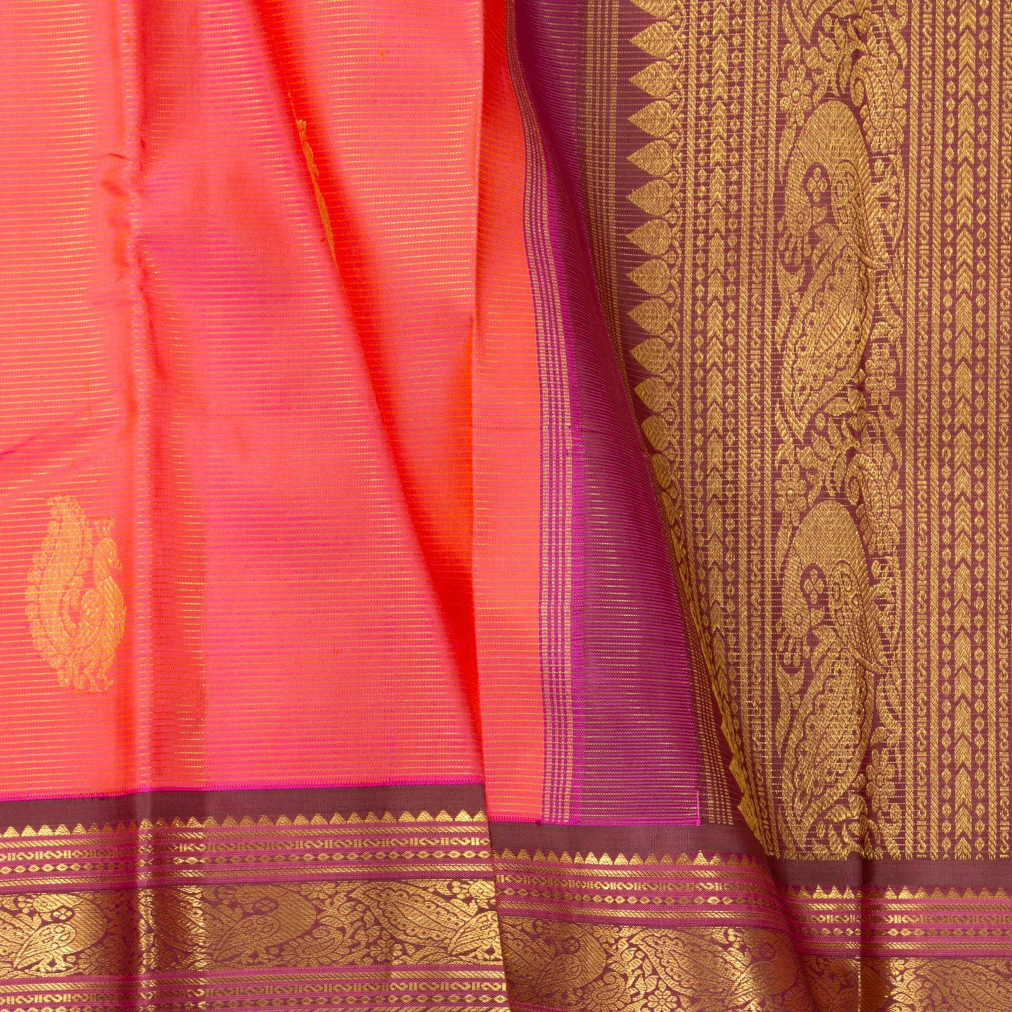 Peach And Brown Kanchipuram Vairaoosi Silk Saree With Medium Border Handwoven Pure Silk For Festive Wear PV J 4508