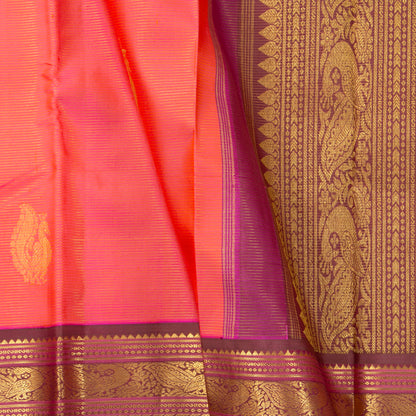 Peach And Brown Kanchipuram Vairaoosi Silk Saree With Medium Border Handwoven Pure Silk For Festive Wear PV J 4508