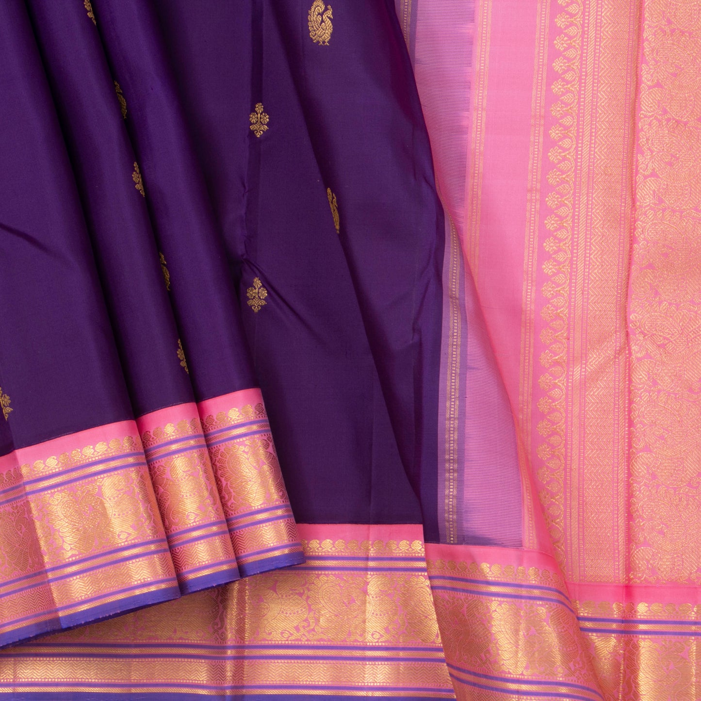 Violet And Pink Kanchipuram Silk Saree With Short Border Handwoven Pure Silk For Festive Wear PV J 1513