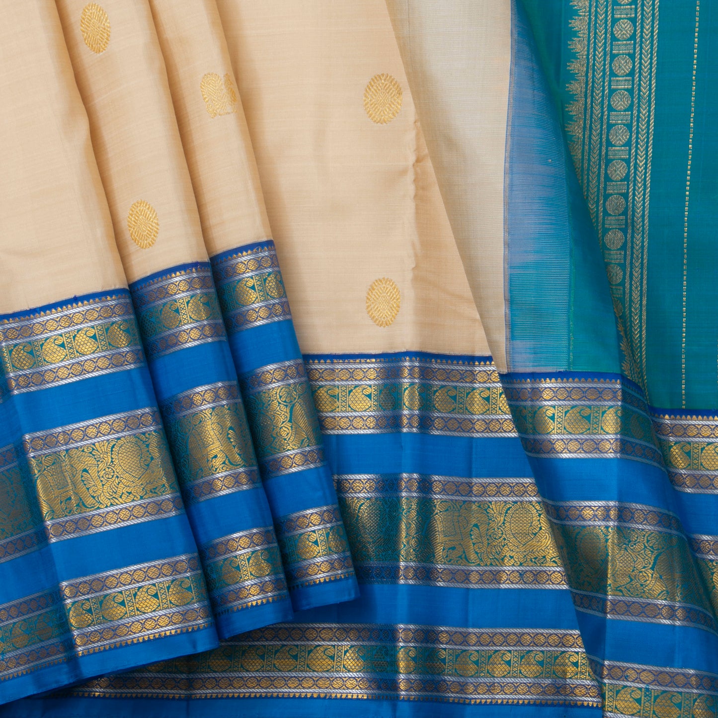 Off White And Blue Kanchipuram Silk Saree With Medium Border Handwoven Pure Silk For Festive Wear PV J 3762