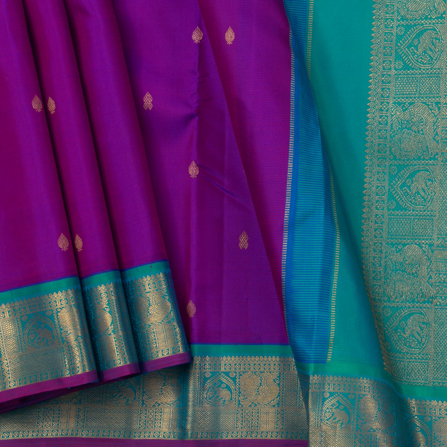 Magenta And Anandha Blue Kanchipuram Silk Saree With Medium Border Handwoven Pure Silk For Festive Wear PV J 3763