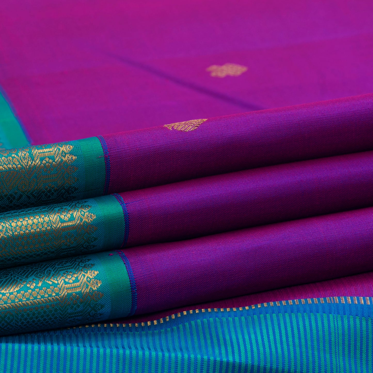 Magenta And Anandha Blue Kanchipuram Silk Saree With Medium Border Handwoven Pure Silk For Festive Wear PV J 3763