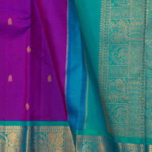 Magenta And Anandha Blue Kanchipuram Silk Saree With Medium Border Handwoven Pure Silk For Festive Wear PV J 3763