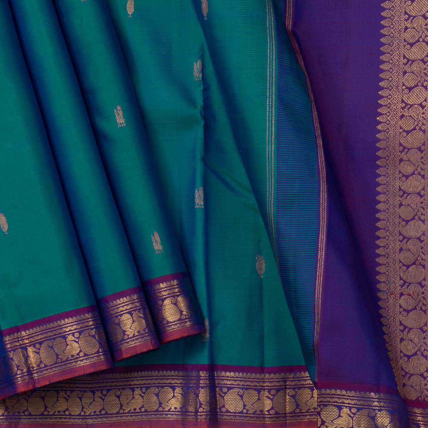 Mayilkazhuthu Green And Purple Kanchipuram Silk Saree With Small Border Handwoven Pure Silk For Festive Wear PV J 3767