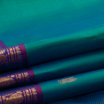 Mayilkazhuthu Green And Purple Kanchipuram Silk Saree With Small Border Handwoven Pure Silk For Festive Wear PV J 3767