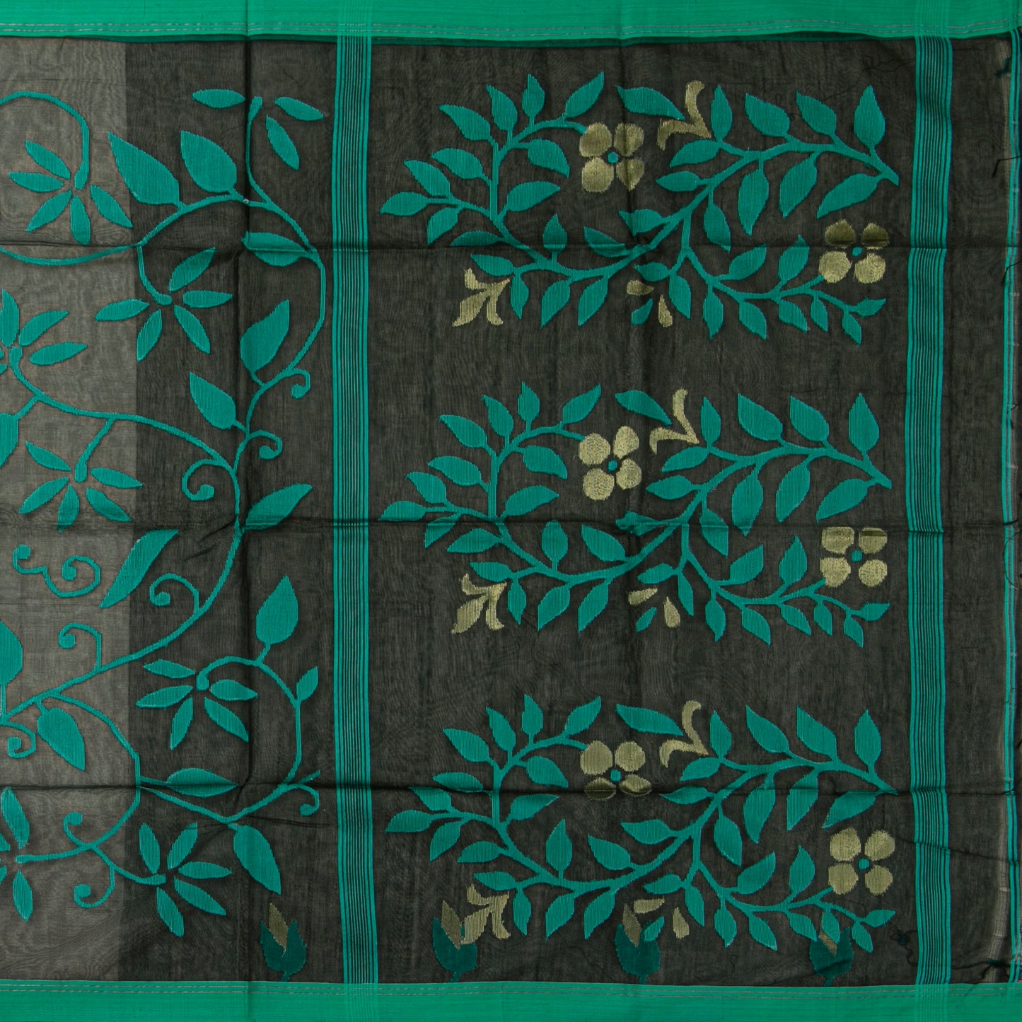 Black And Green Dhakai Jamdani Mulmul Silk Saree For Party Wear PV MJ 155