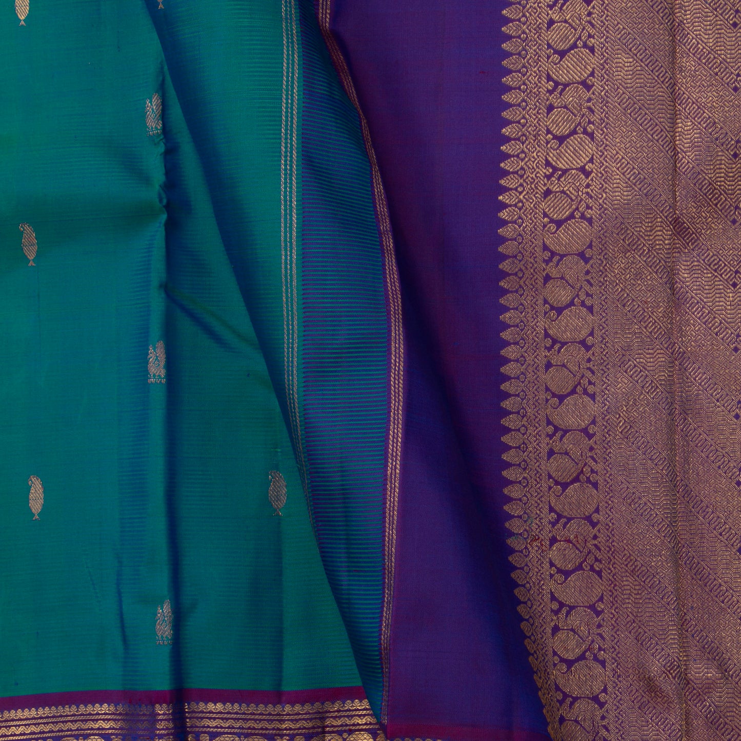 Mayilkazhuthu Green And Purple Kanchipuram Silk Saree With Small Border Handwoven Pure Silk For Festive Wear PV J 3767