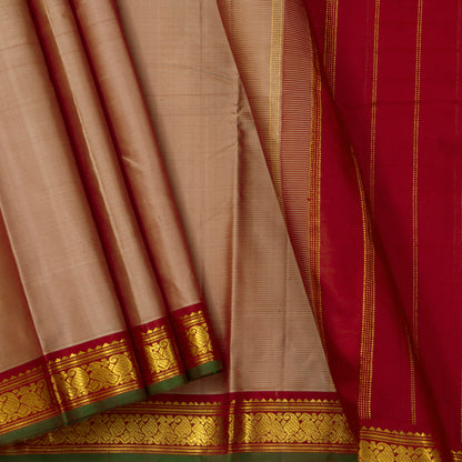 Beige And Maroon Kanchipuram Silk Saree With Small Border Handwoven Pure Silk For Festive Wear PV J 4503