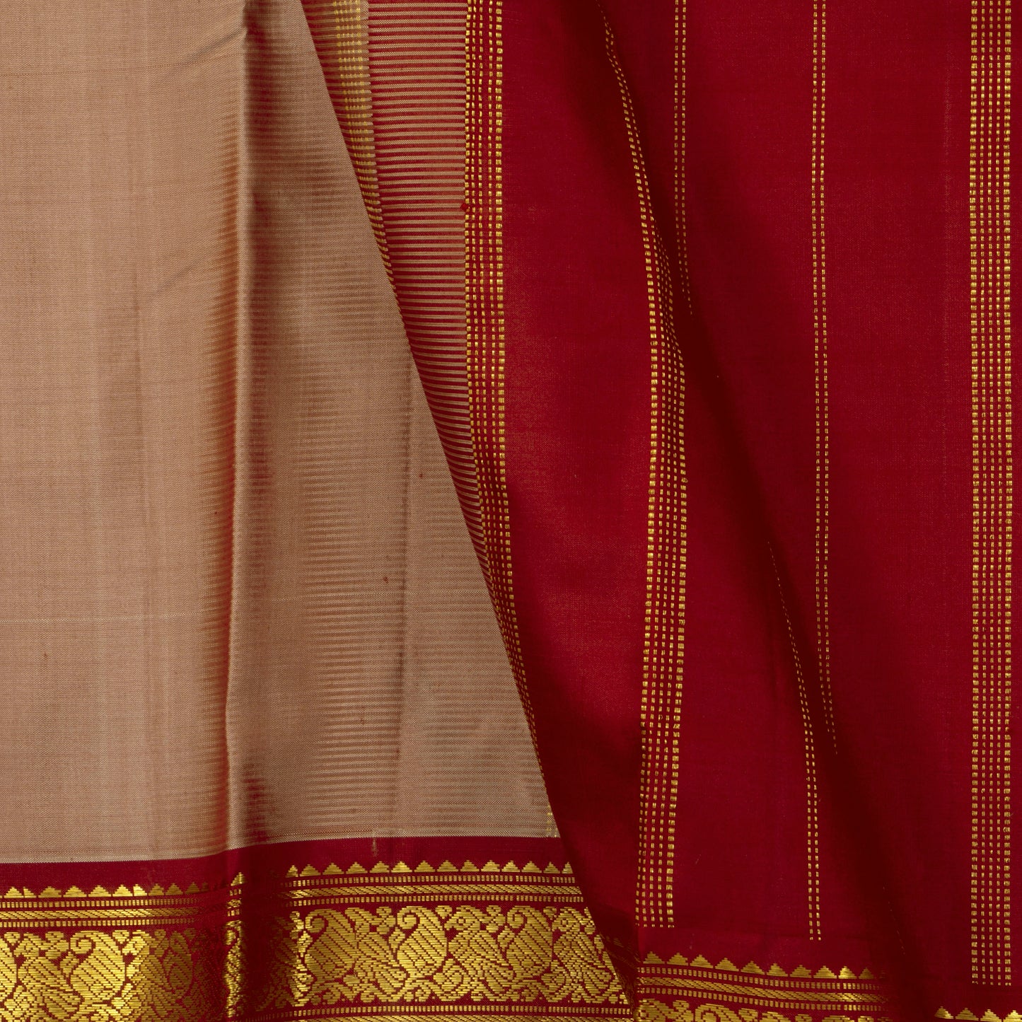 Beige And Maroon Kanchipuram Silk Saree With Small Border Handwoven Pure Silk For Festive Wear PV J 4503