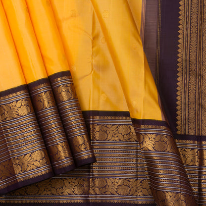 Yellow And Brown Kanchipuram Silk Saree With  Border Handwoven Pure Silk For Festive Wear PV J 2591