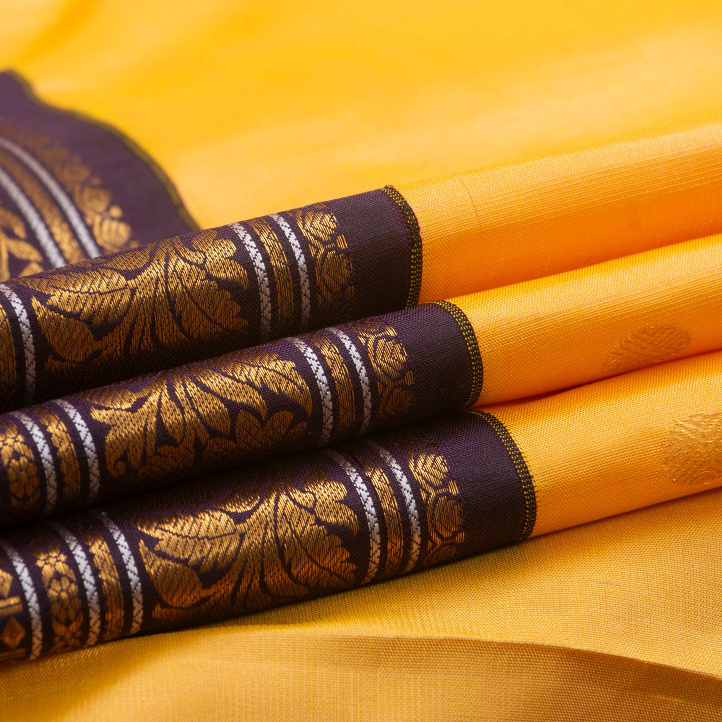 Yellow And Brown Kanchipuram Silk Saree With  Border Handwoven Pure Silk For Festive Wear PV J 2591