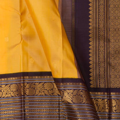 Yellow And Brown Kanchipuram Silk Saree With  Border Handwoven Pure Silk For Festive Wear PV J 2591