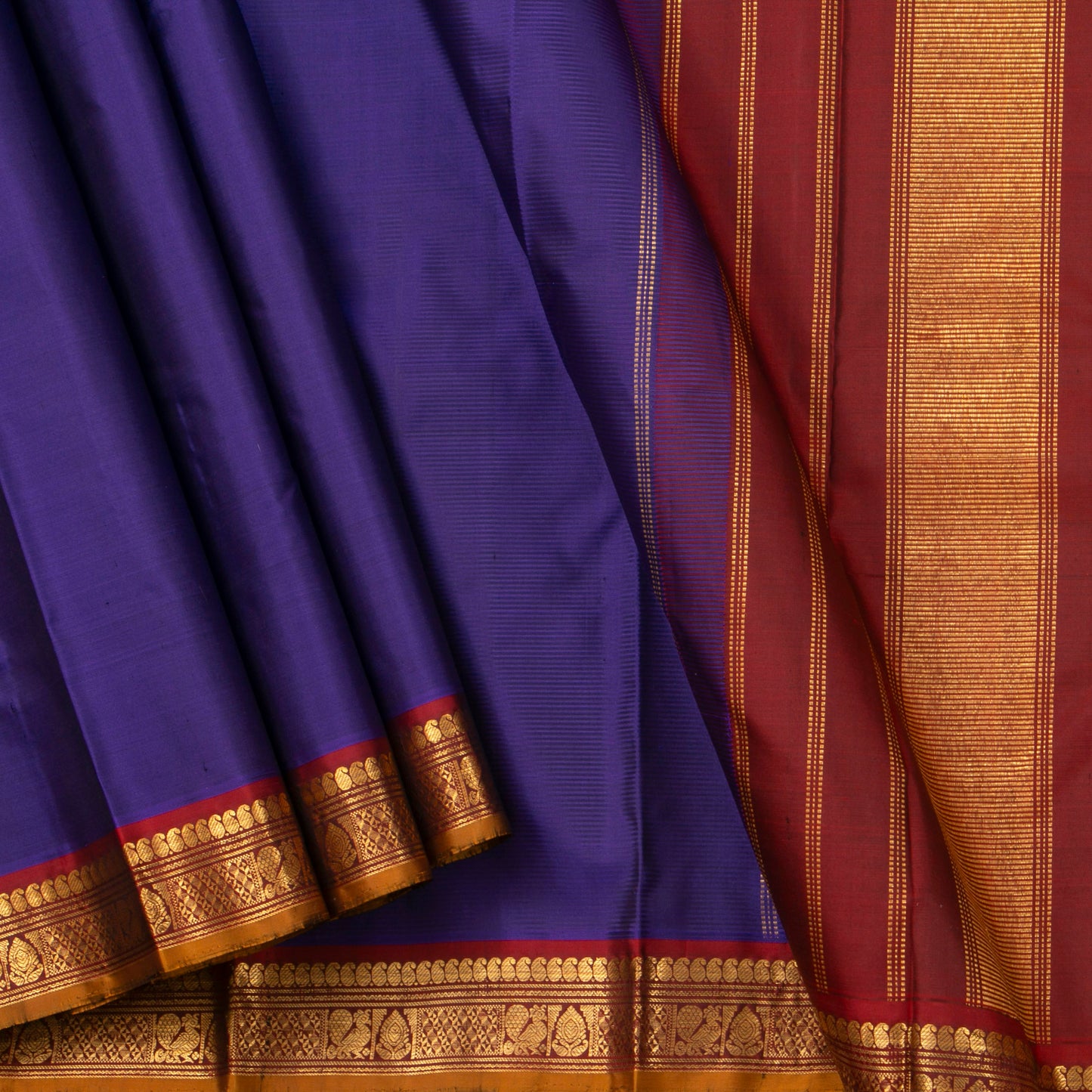 Blue And Maroon Kanchipuram Silk Saree With Small Border Handwoven Pure Silk For Festive Wear PV J 3765