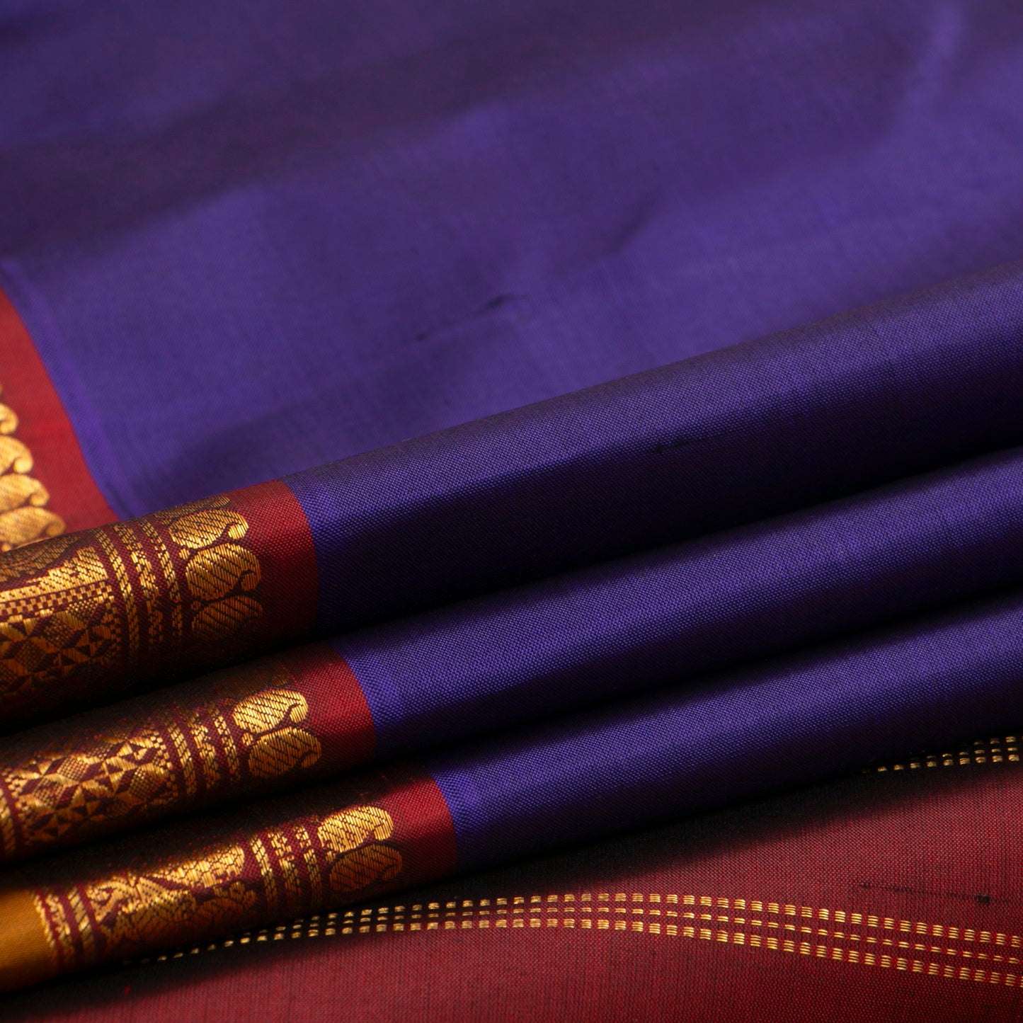 Blue And Maroon Kanchipuram Silk Saree With Small Border Handwoven Pure Silk For Festive Wear PV J 3765