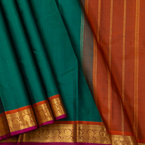 Green And Rust Kanchipuram Silk Saree With Small Border Handwoven Pure Silk For Festive Wear PV J 3766