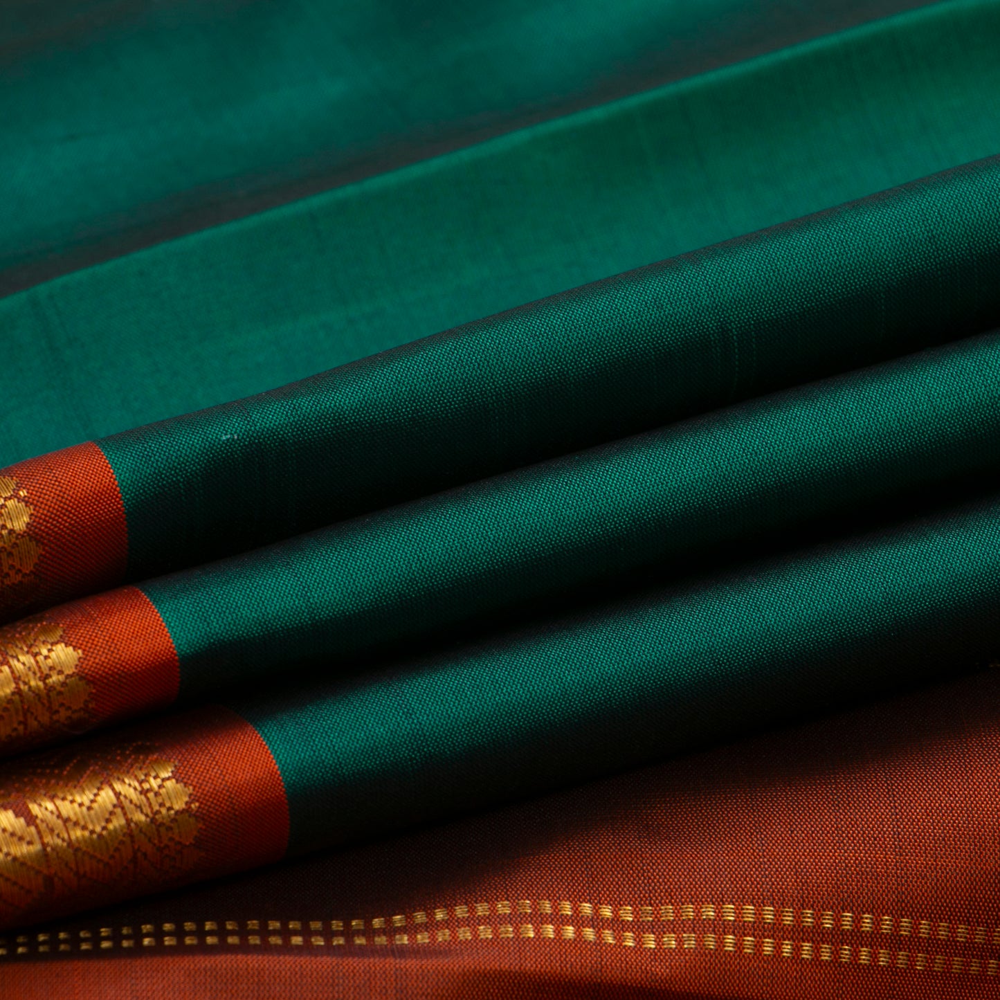 Green And Rust Kanchipuram Silk Saree With Small Border Handwoven Pure Silk For Festive Wear PV J 3766