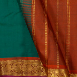 Green And Rust Kanchipuram Silk Saree With Small Border Handwoven Pure Silk For Festive Wear PV J 3766