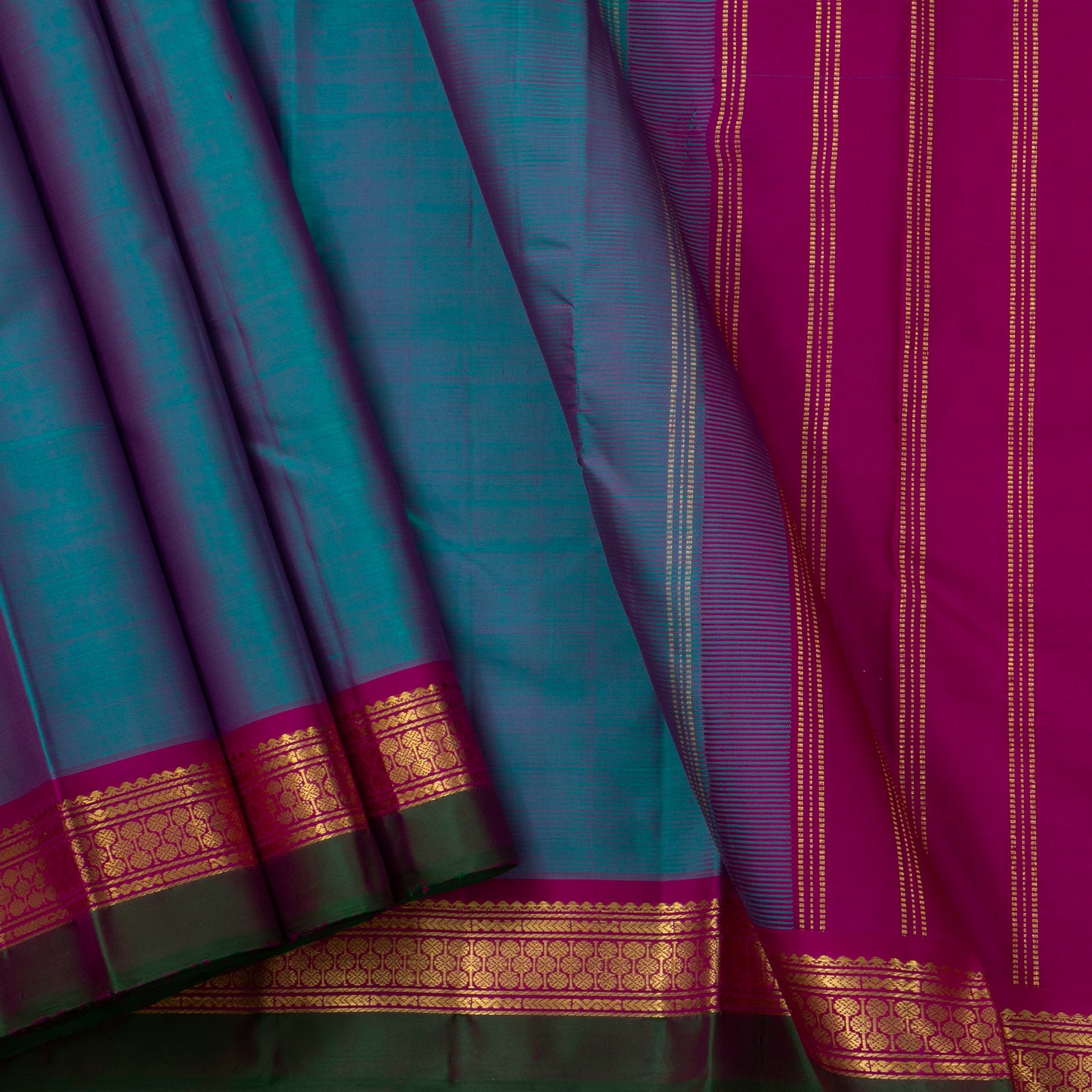 Blue And Magenta Kanchipuram Silk Saree With Short Border Handwoven Pure Silk For Festive Wear PV J 3693