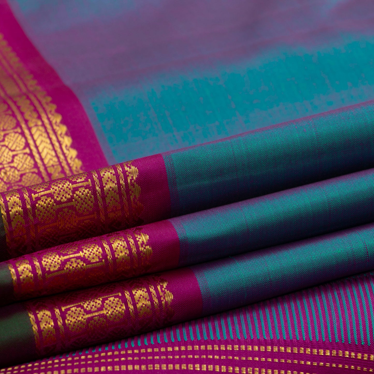 Blue And Magenta Kanchipuram Silk Saree With Short Border Handwoven Pure Silk For Festive Wear PV J 3693