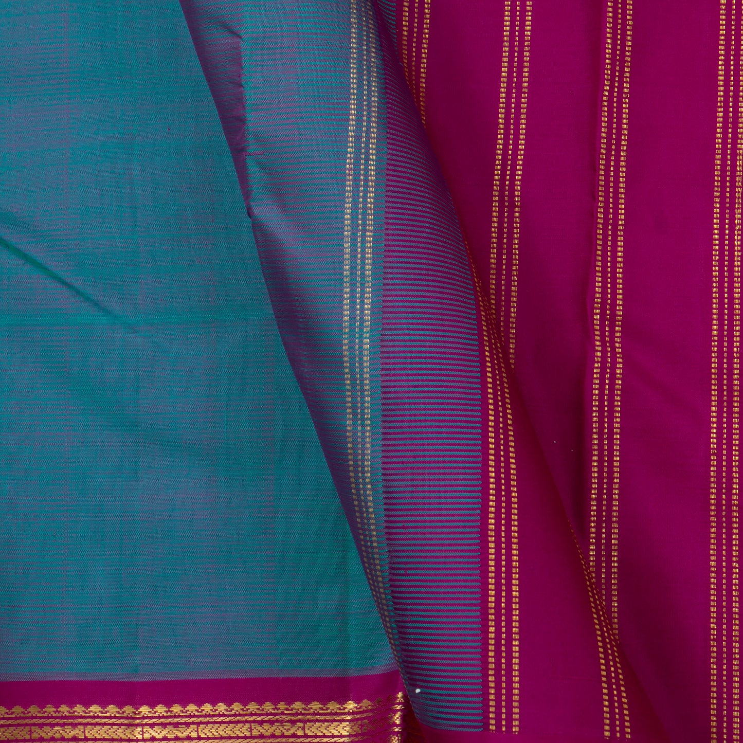 Blue And Magenta Kanchipuram Silk Saree With Short Border Handwoven Pure Silk For Festive Wear PV J 3693