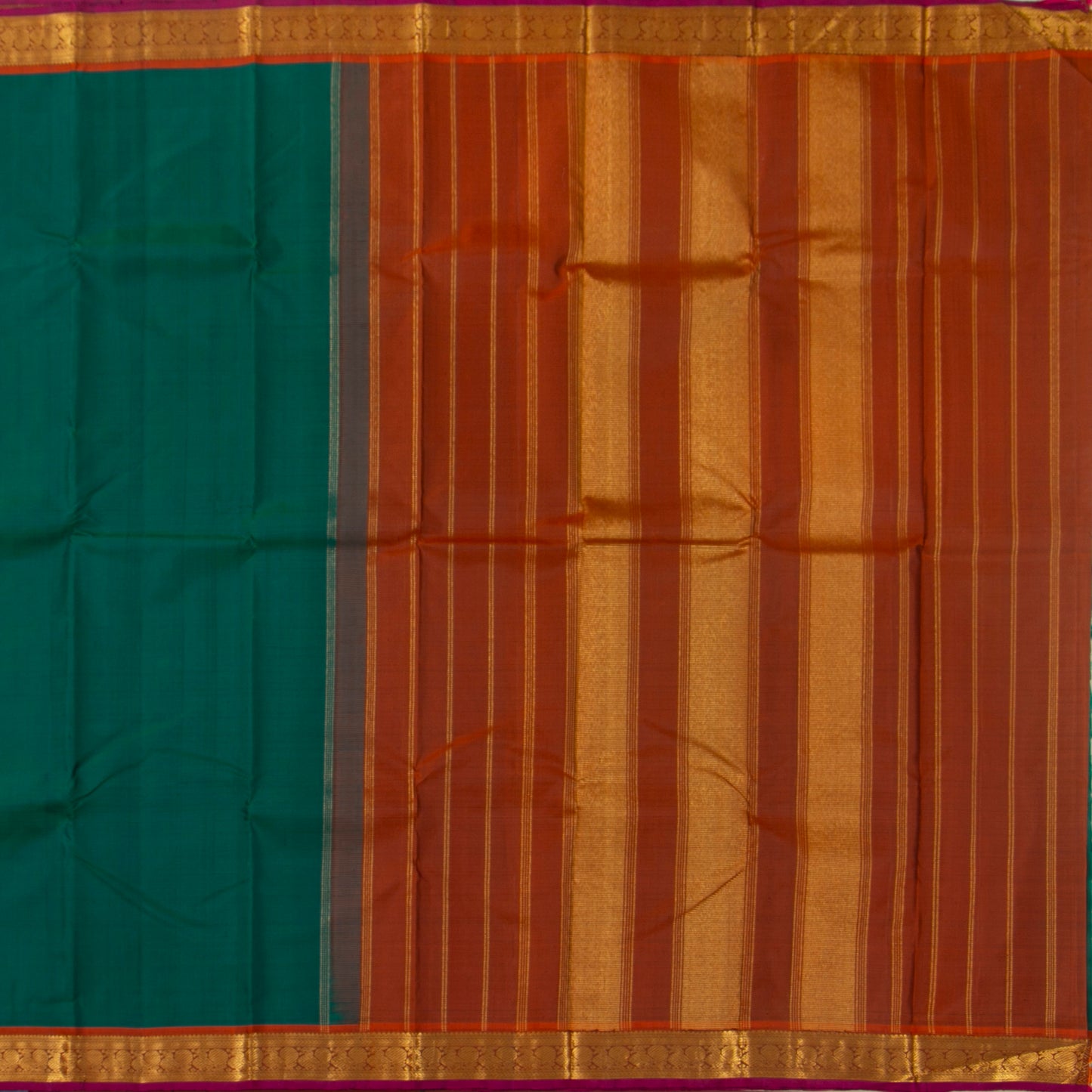 Green And Rust Kanchipuram Silk Saree With Small Border Handwoven Pure Silk For Festive Wear PV J 3766