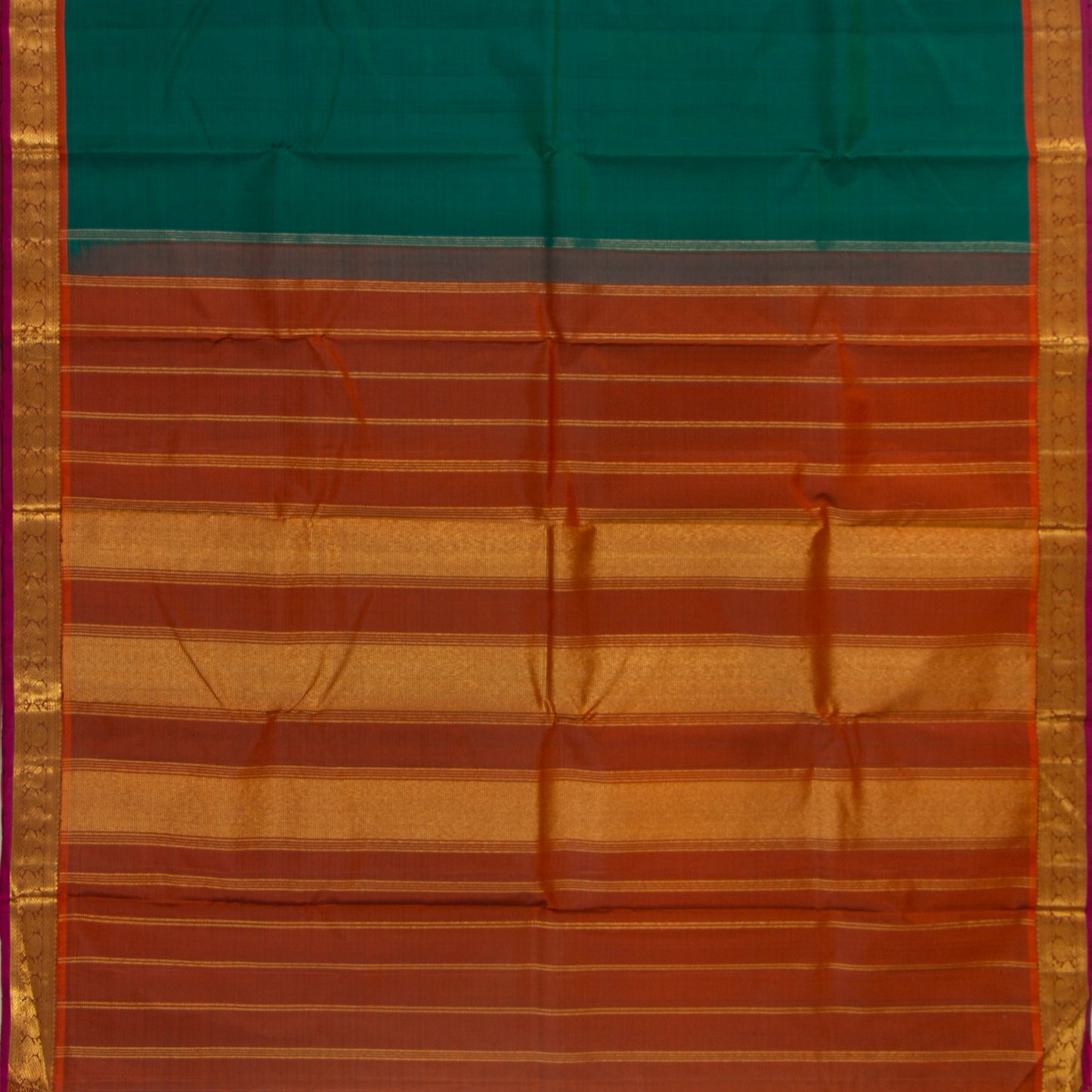 Green And Rust Kanchipuram Silk Saree With Small Border Handwoven Pure Silk For Festive Wear PV J 3766