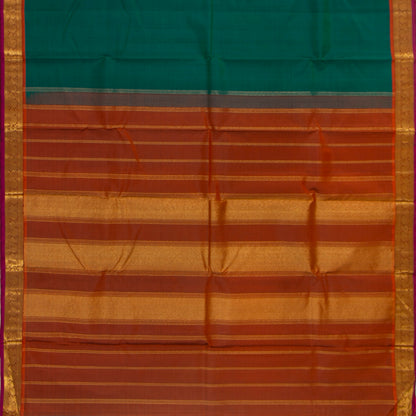 Green And Rust Kanchipuram Silk Saree With Small Border Handwoven Pure Silk For Festive Wear PV J 3766