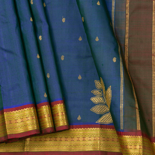 Blue And Red Kanchipuram Silk Saree For Festive Wear PV ABI 640