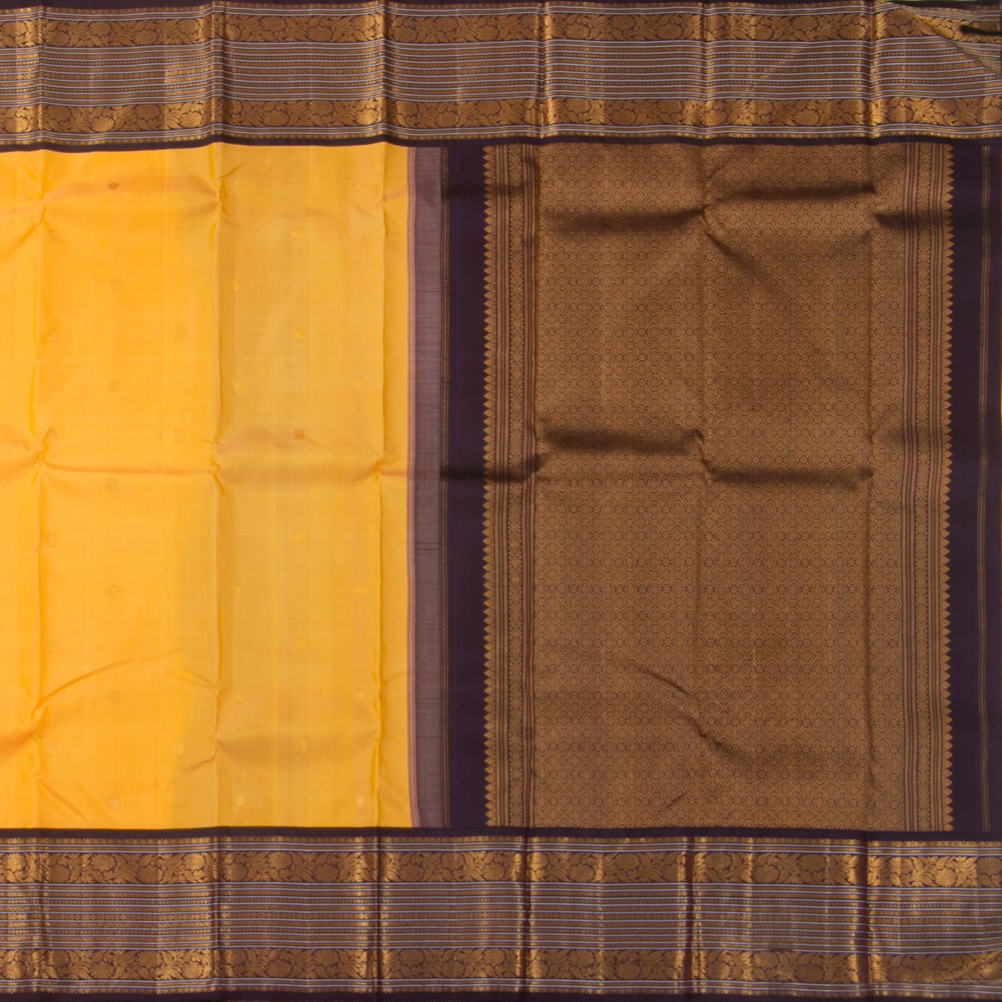 Yellow And Brown Kanchipuram Silk Saree With  Border Handwoven Pure Silk For Festive Wear PV J 2591