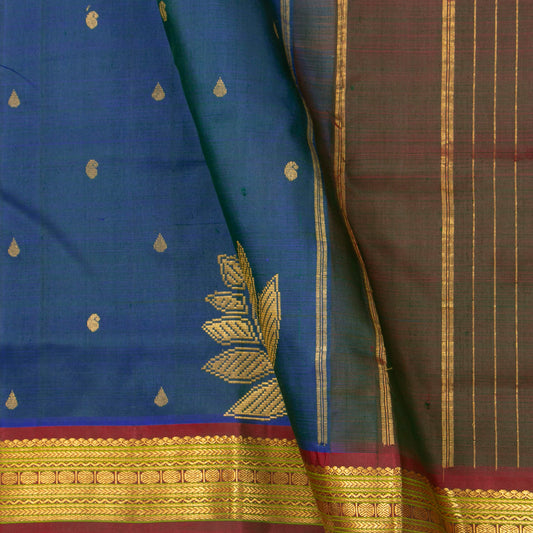 Blue And Red Kanchipuram Silk Saree For Festive Wear PV ABI 640