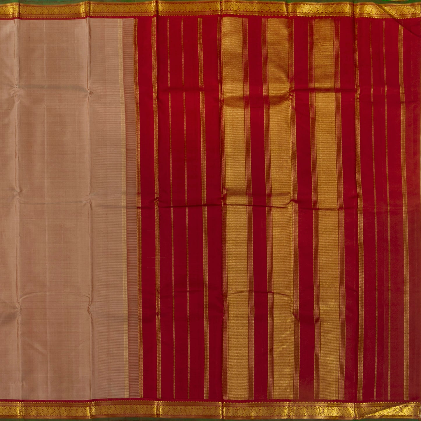 Beige And Maroon Kanchipuram Silk Saree With Small Border Handwoven Pure Silk For Festive Wear PV J 4503