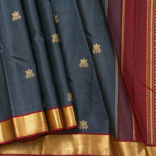 Grey And Maroon Kanchipuram Silk Saree For Festive Wear PV ABI 647