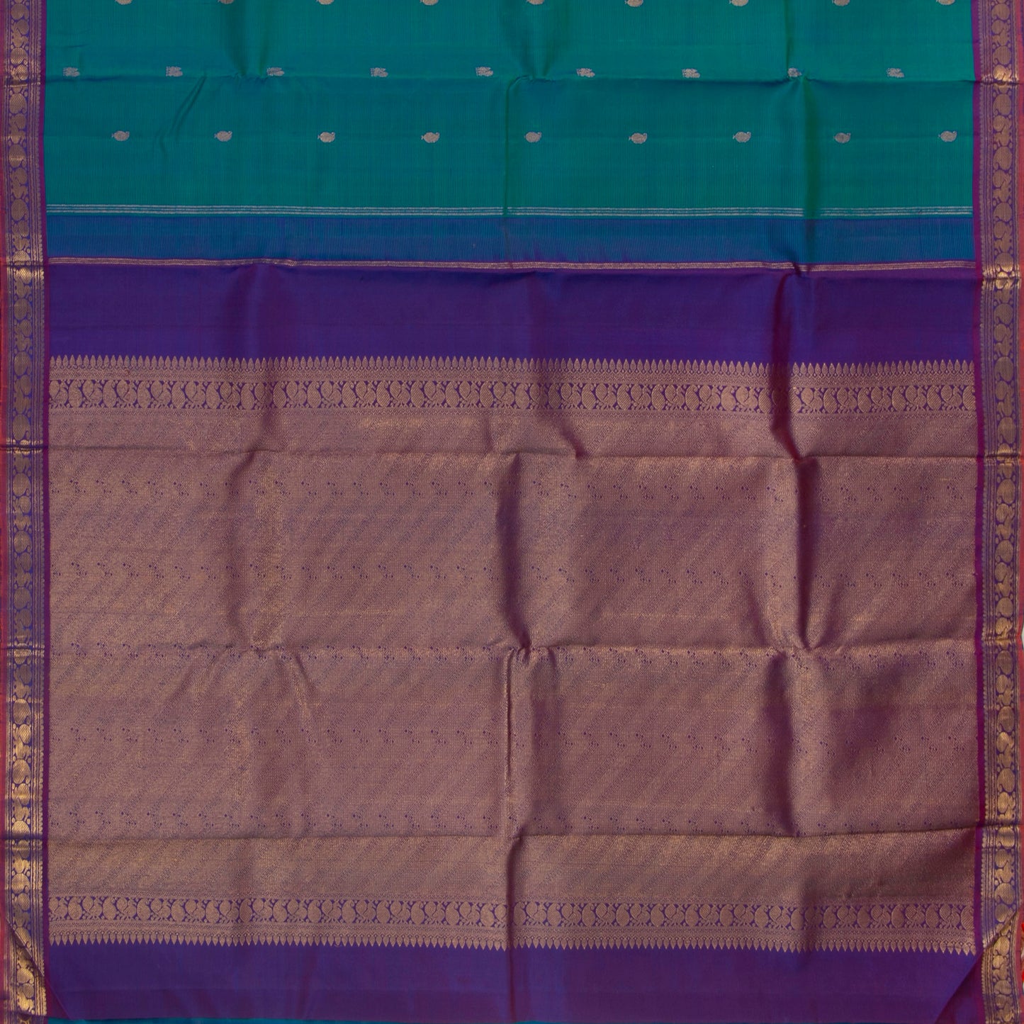 Mayilkazhuthu Green And Purple Kanchipuram Silk Saree With Small Border Handwoven Pure Silk For Festive Wear PV J 3767