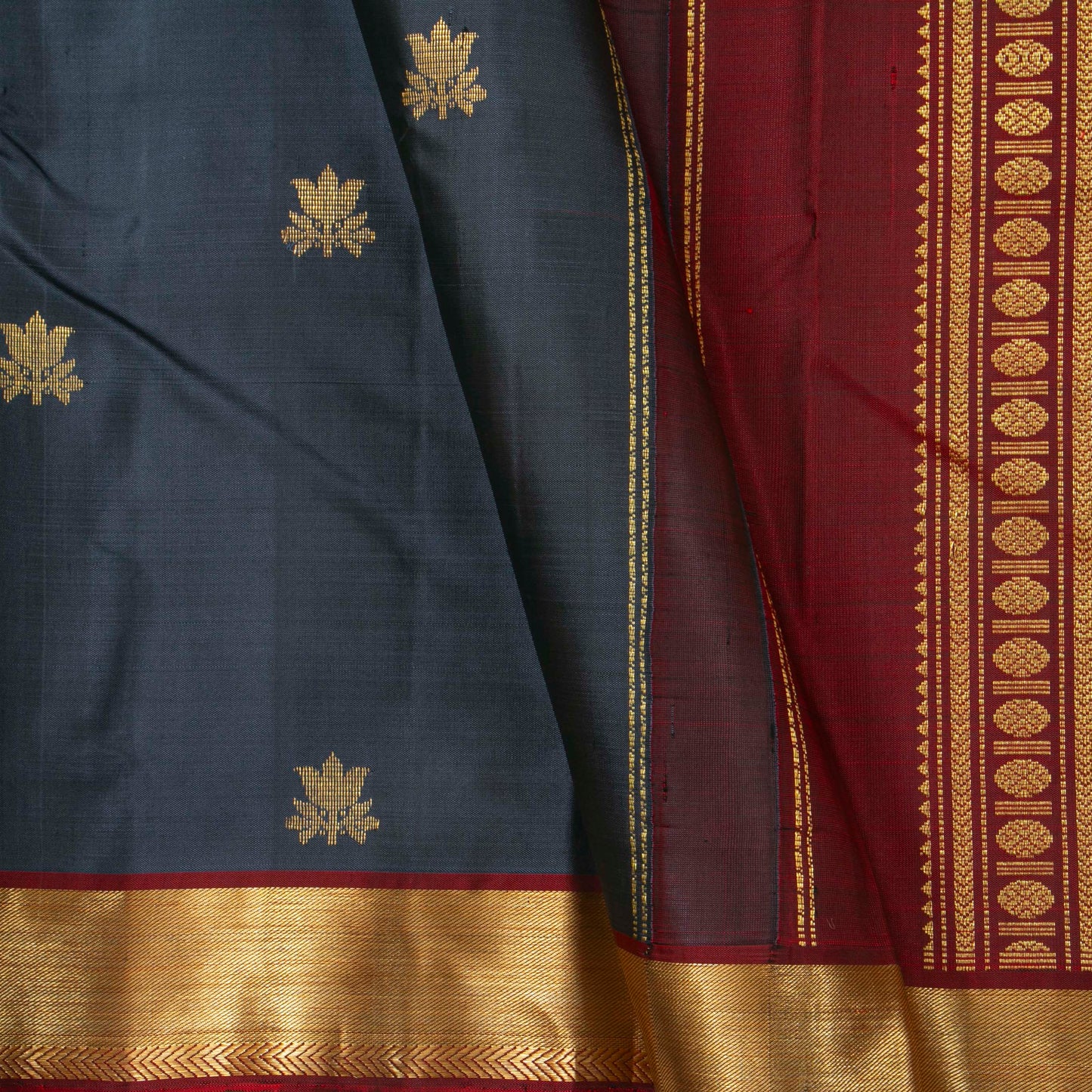 Grey And Maroon Kanchipuram Silk Saree For Festive Wear PV ABI 647