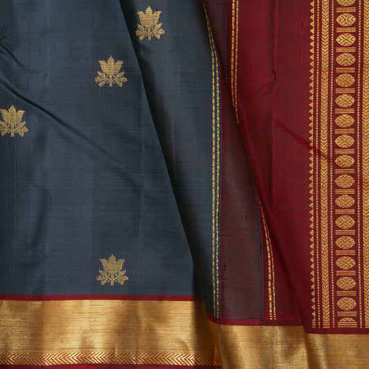 Grey And Maroon Kanchipuram Silk Saree For Festive Wear PV ABI 647