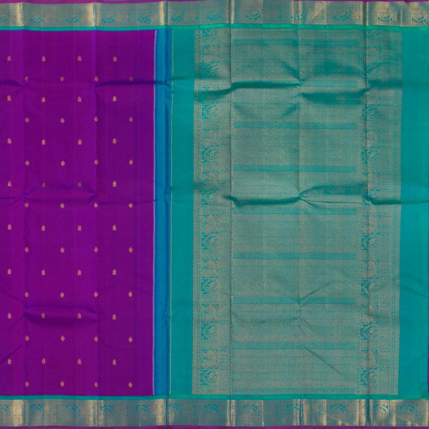 Magenta And Anandha Blue Kanchipuram Silk Saree With Medium Border Handwoven Pure Silk For Festive Wear PV J 3763