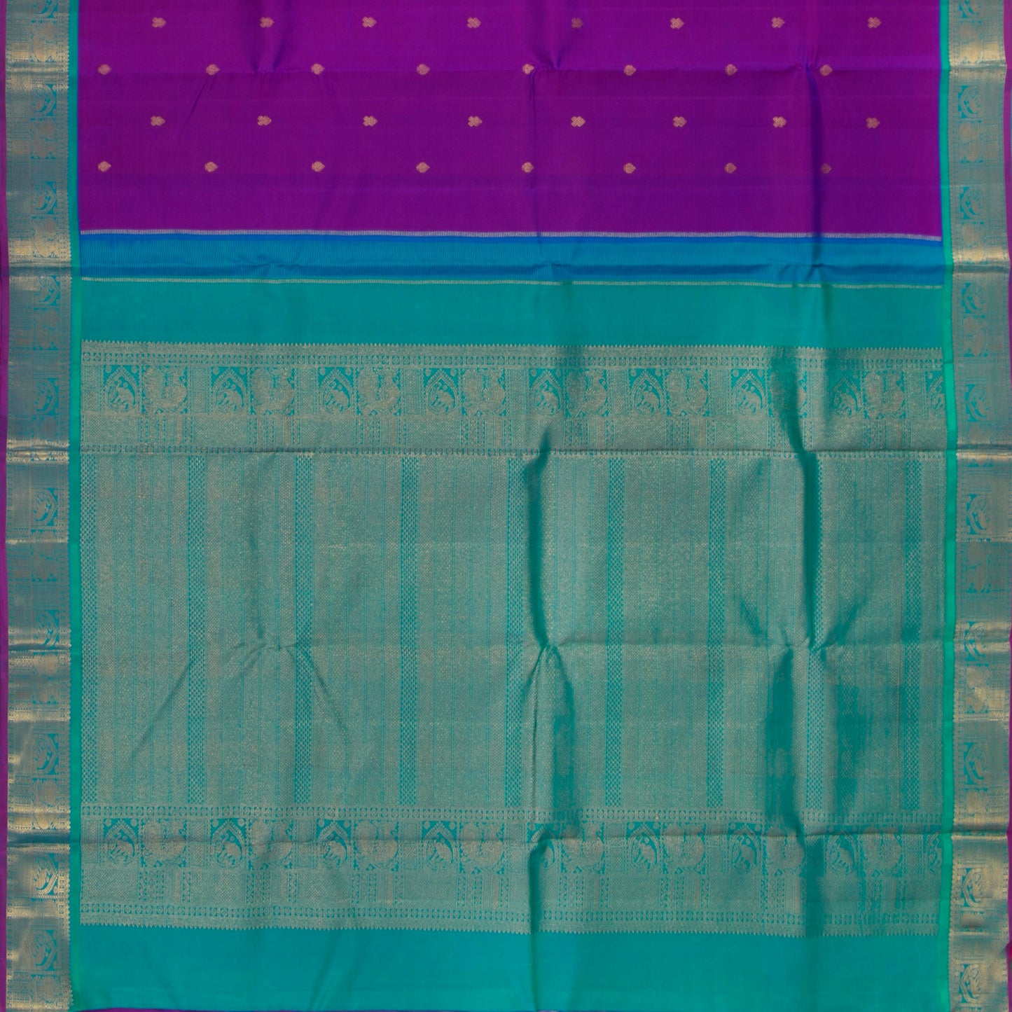 Magenta And Anandha Blue Kanchipuram Silk Saree With Medium Border Handwoven Pure Silk For Festive Wear PV J 3763