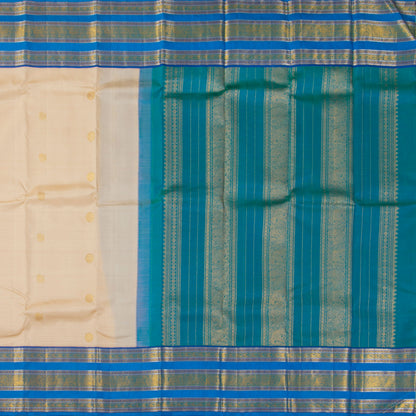 Off White And Blue Kanchipuram Silk Saree With Medium Border Handwoven Pure Silk For Festive Wear PV J 3762