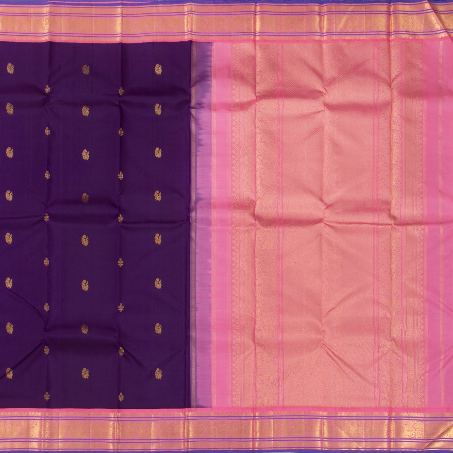 Violet And Pink Kanchipuram Silk Saree With Short Border Handwoven Pure Silk For Festive Wear PV J 1513