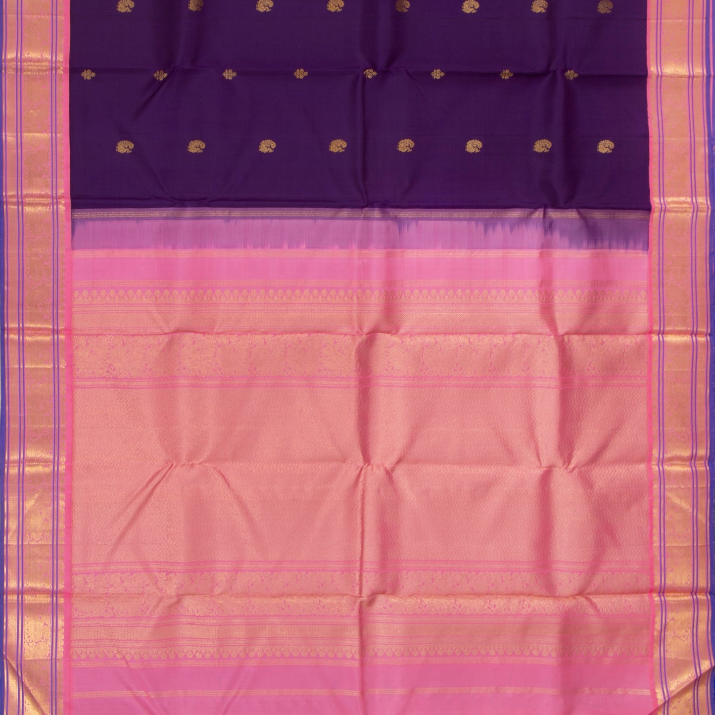 Violet And Pink Kanchipuram Silk Saree With Short Border Handwoven Pure Silk For Festive Wear PV J 1513