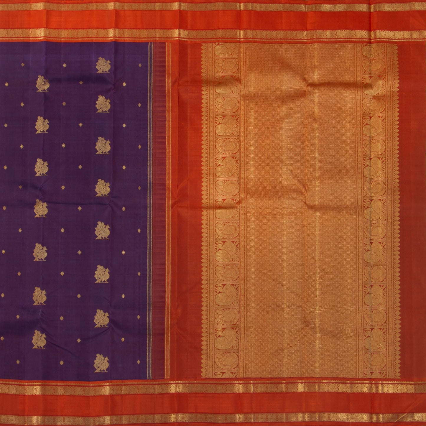 Purple And Orange Kanchipuram Silk Saree Handwoven Pure Silk Pure Zari For Festive Wear PV GTA 99